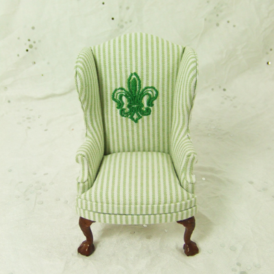 HN-11, Green striped w/ green embroidery Wingback Chair 1" scale - Click Image to Close